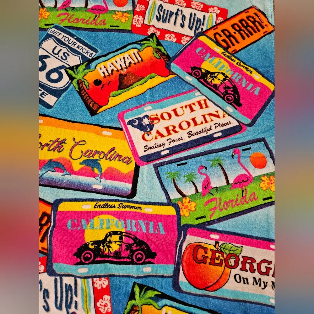 Beach License Plate Print Bath Towel - Blue